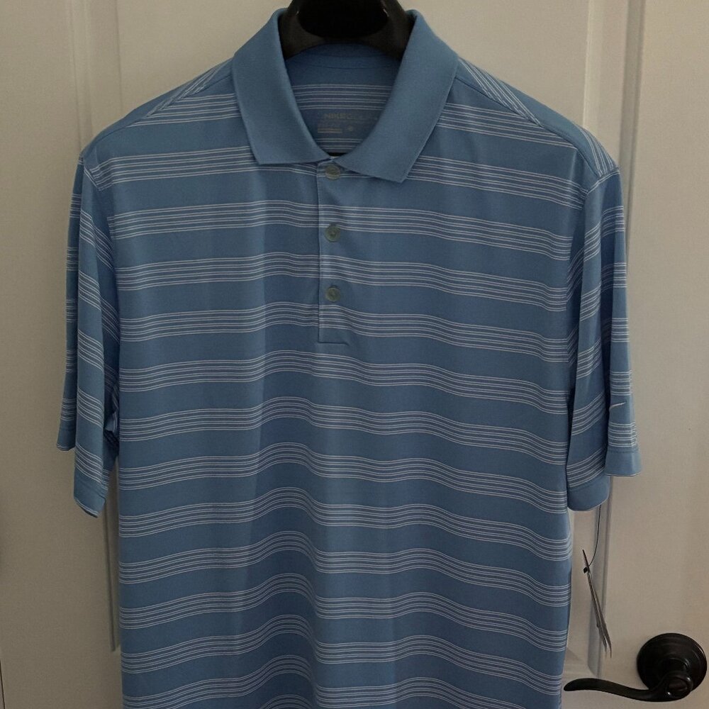 Nike Golf L Double Stripe Light Blue Dri-Fit SS Polo